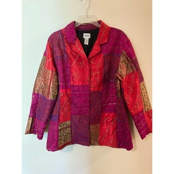 Chico’s Large Beaded Silk Blend Artsy Jacket‎ Embellished Size 2 - Picture 1 of 8